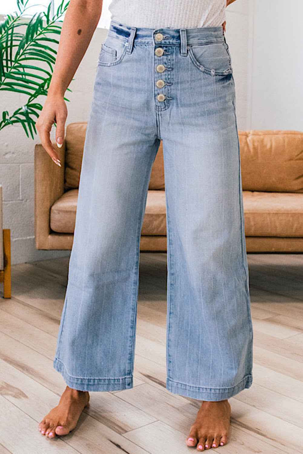 Beau Blue Multi Buttons Wide Leg Jeans