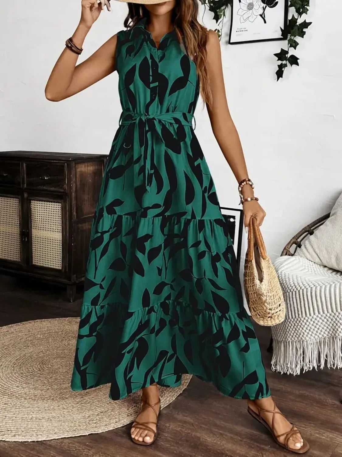 Printed Tie Waist Sleeveless Maxi Dress by Shopiebay