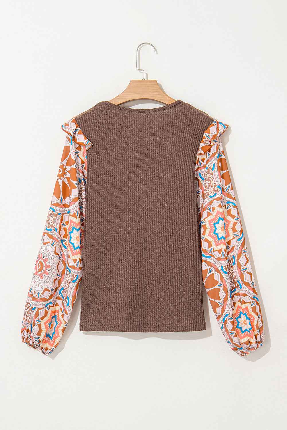 Coffee Ruffle Floral Sleeve Patchwork Waffle Top
