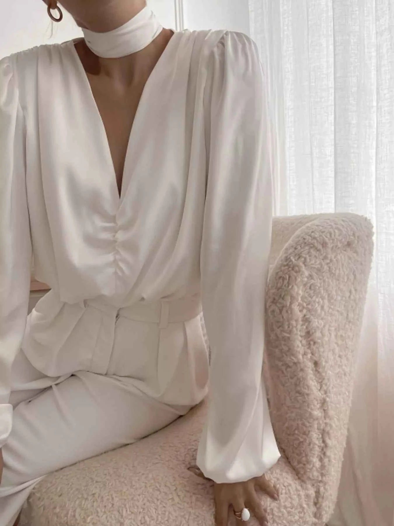 V-Neck Ruched Long Sleeve Blouse