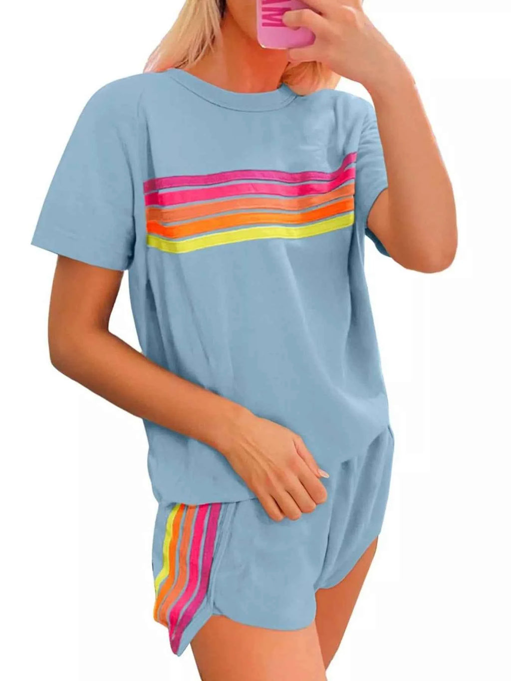 Rainbow Striped Round Neck Top and Shorts Set