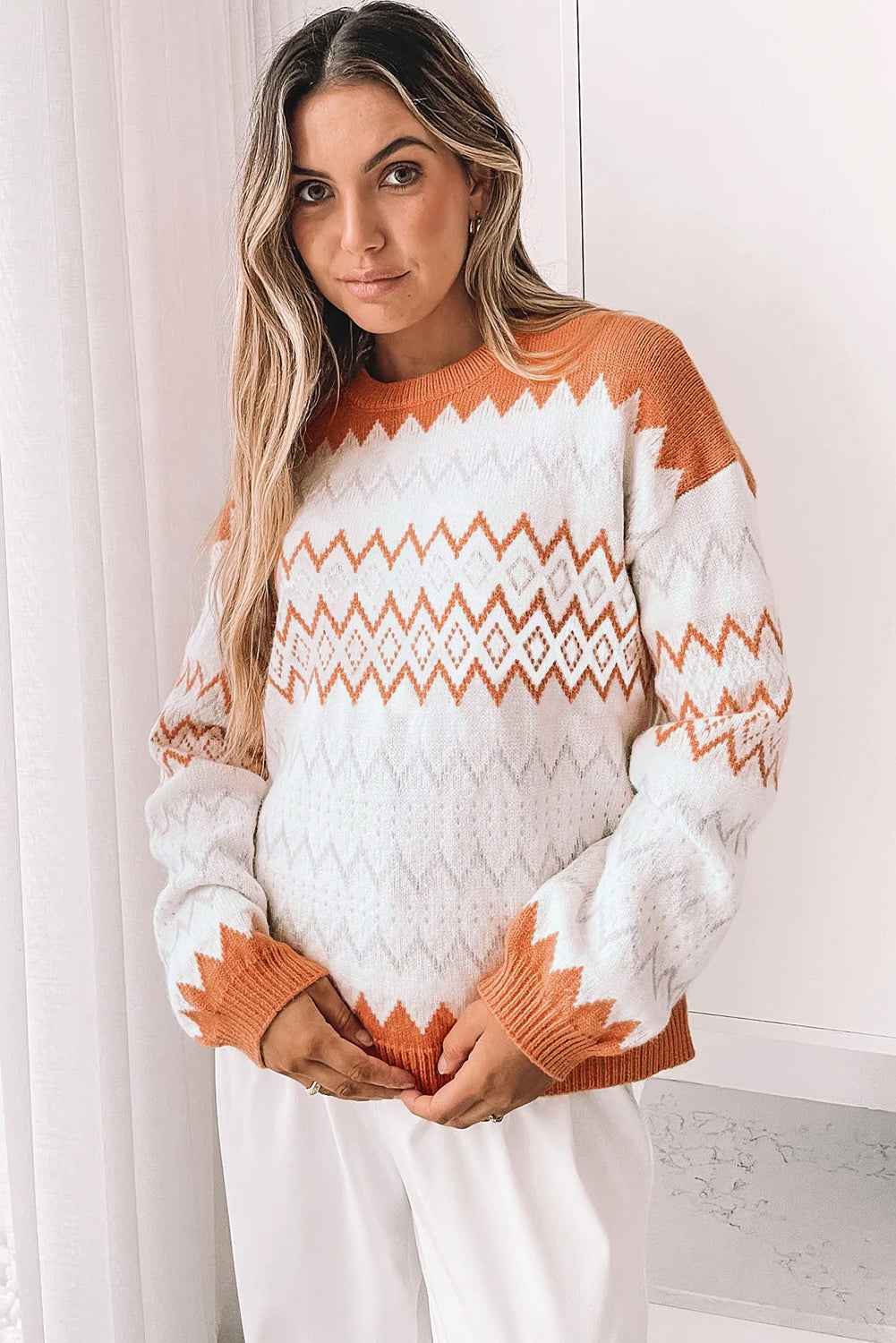 Khaki Zigzag Geometric Pattern Knitted Pullover Sweater