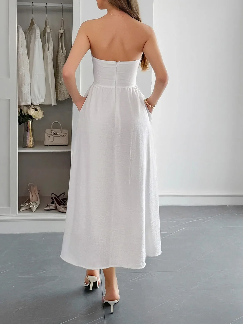 Strapless A-Line Midi Dress with Pockets by Shopiebay