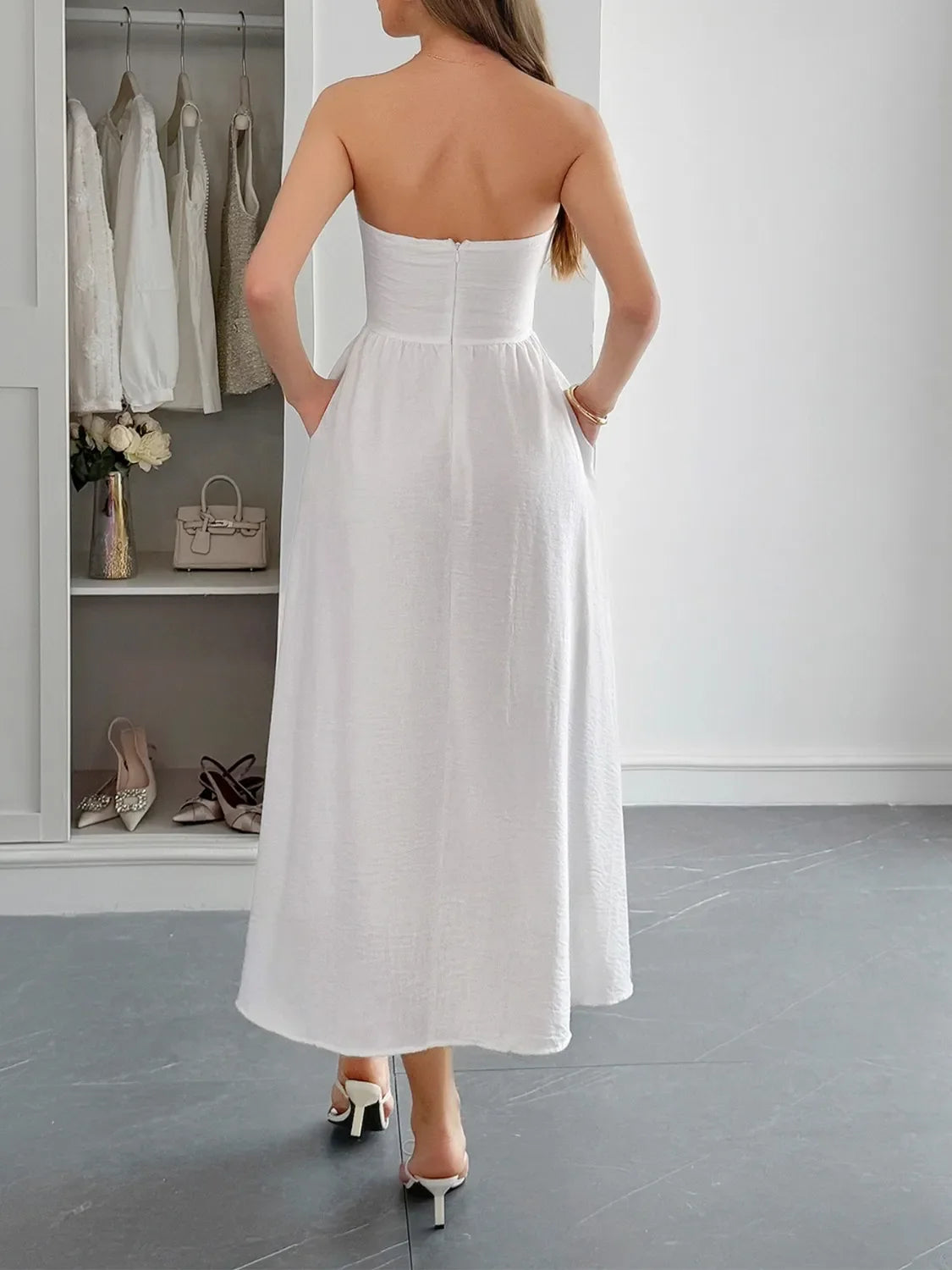 Strapless A-Line Midi Dress with Pockets by Shopiebay