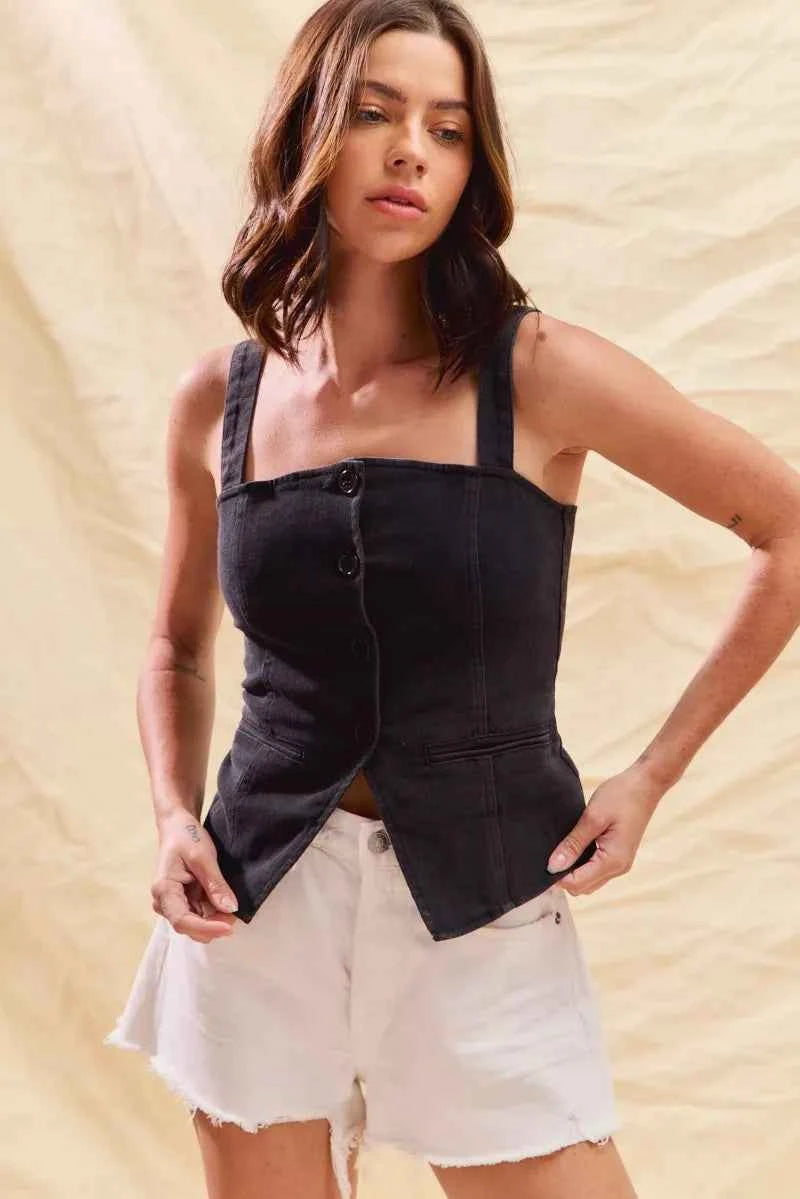 SO ME Button Down Sleeveless Game Day Fitted Denim Top