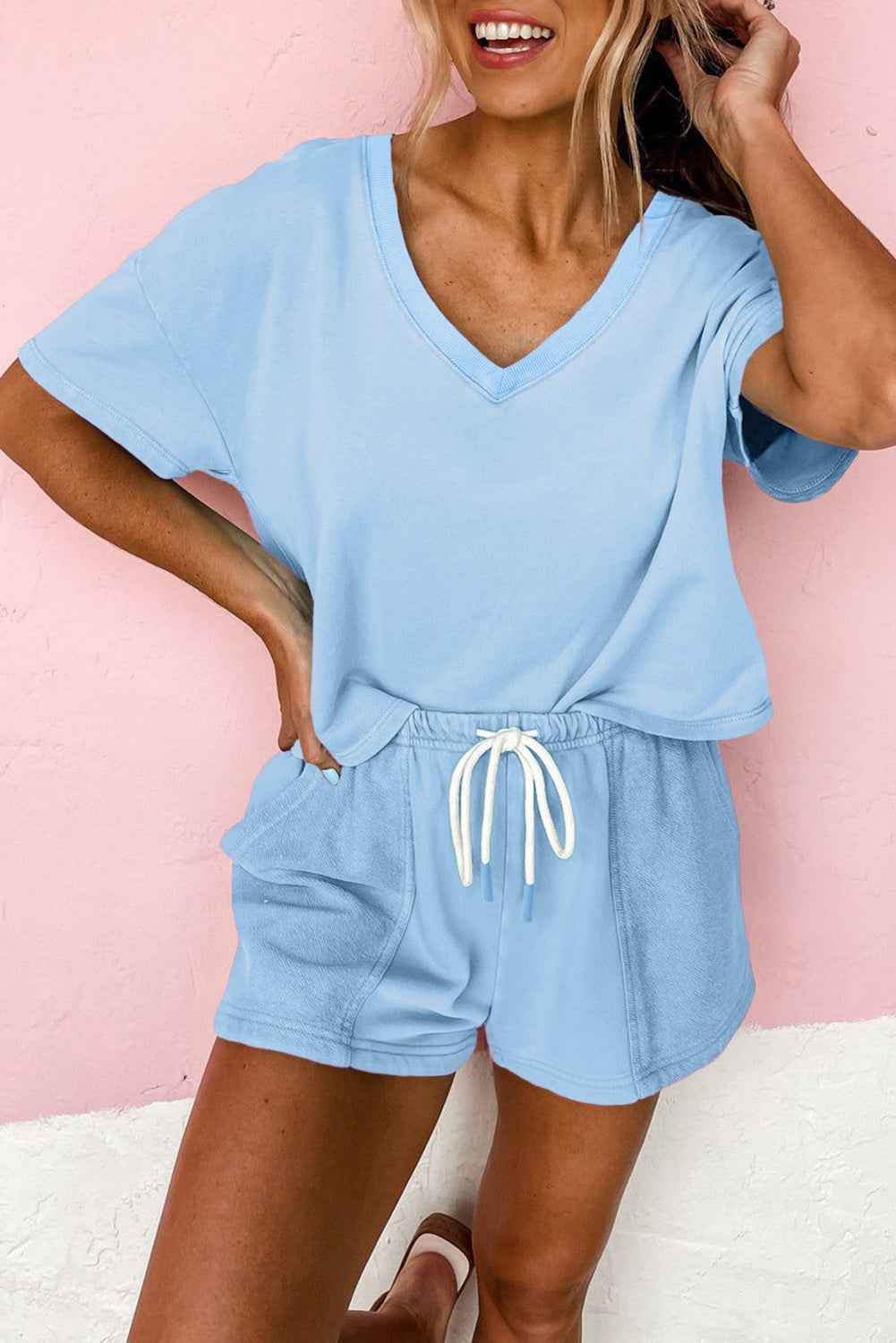Mint Green V Neck Drop Shoulder Tee and Patchwork Drawstring Elastic Waistband Shorts Set
