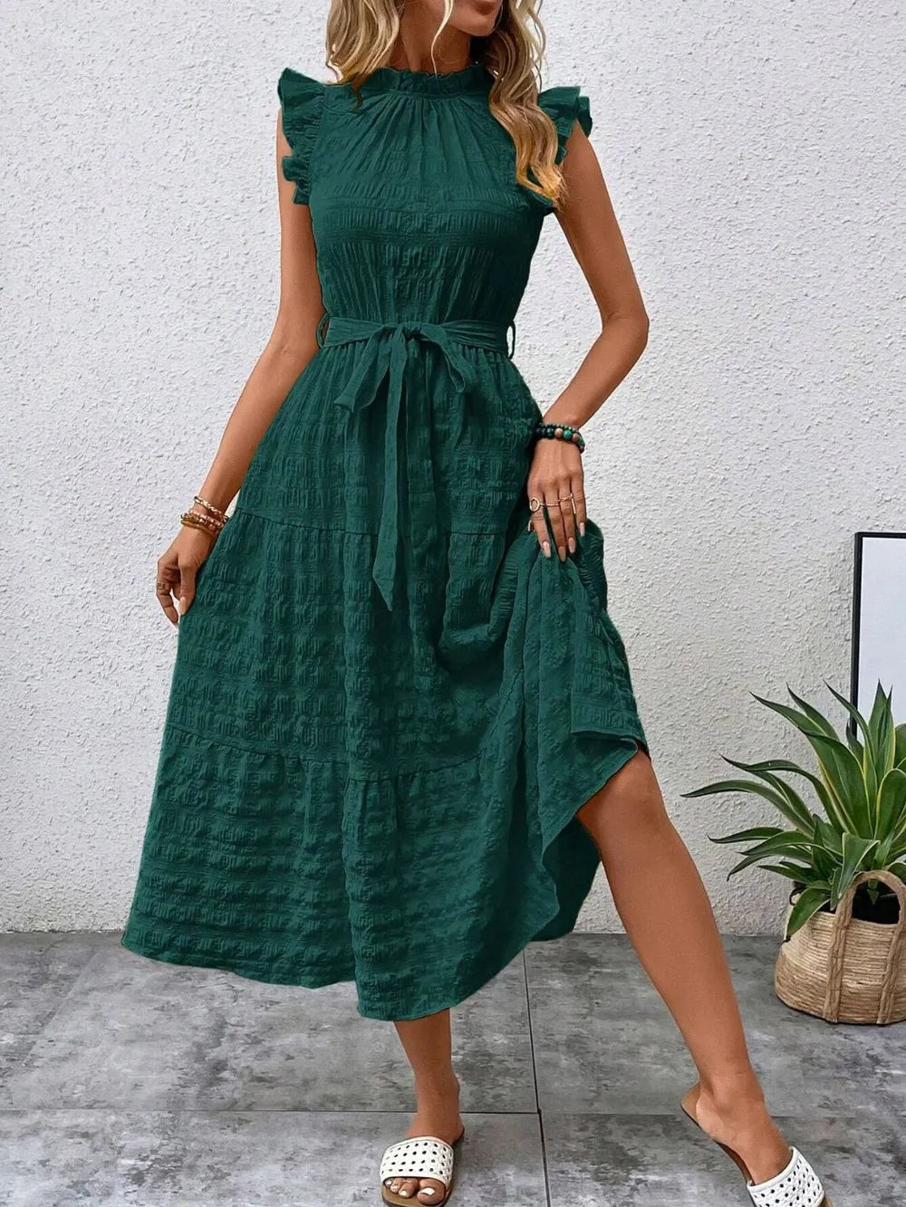 Tied Ruffled Cap Sleeve Midi Dress by Shopiebay