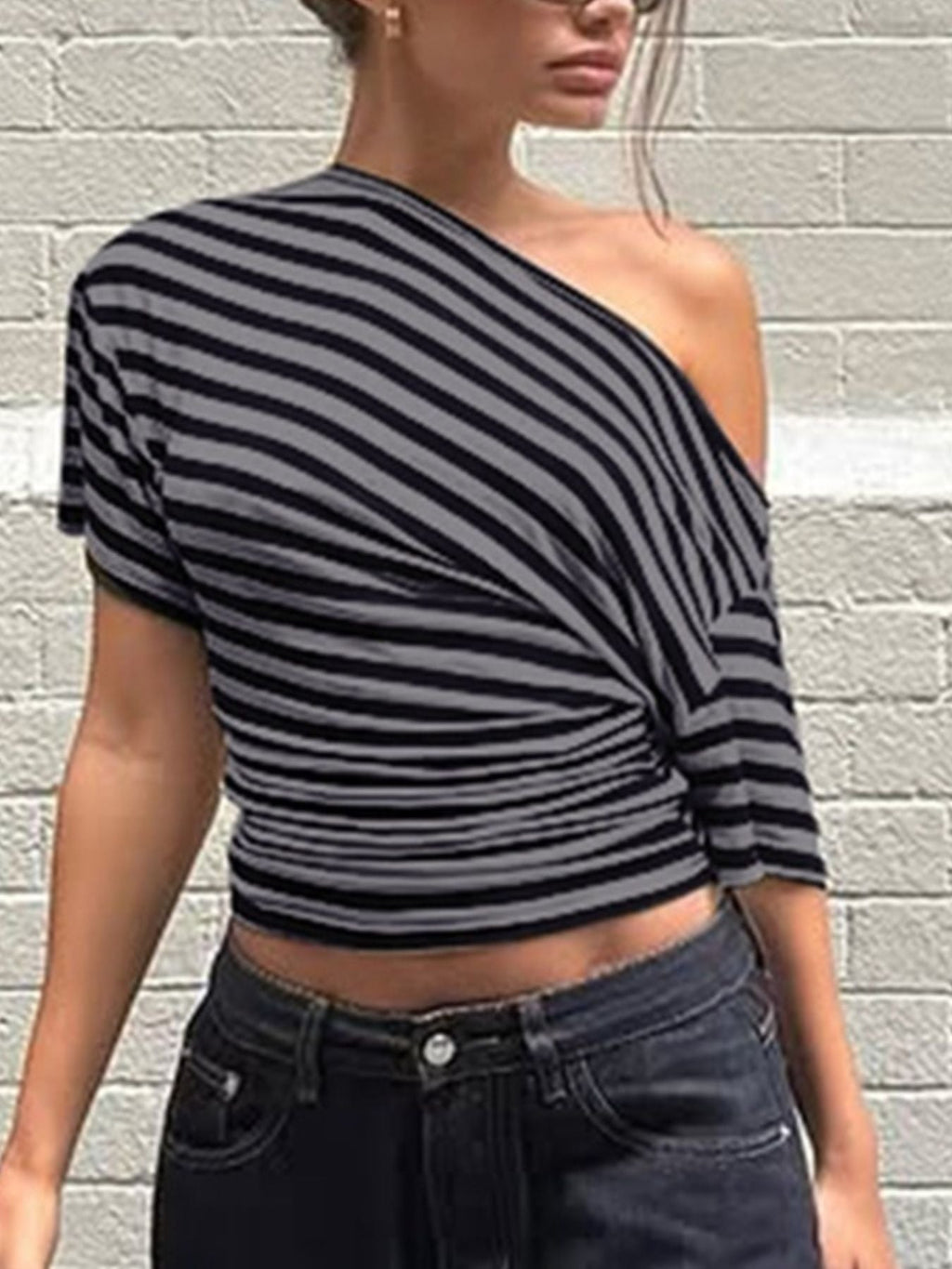 Striped One Shoulder T Shirt