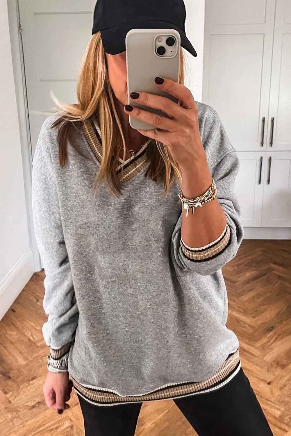 Gray Varsity Contrast Trim V Neck Sweatshirt