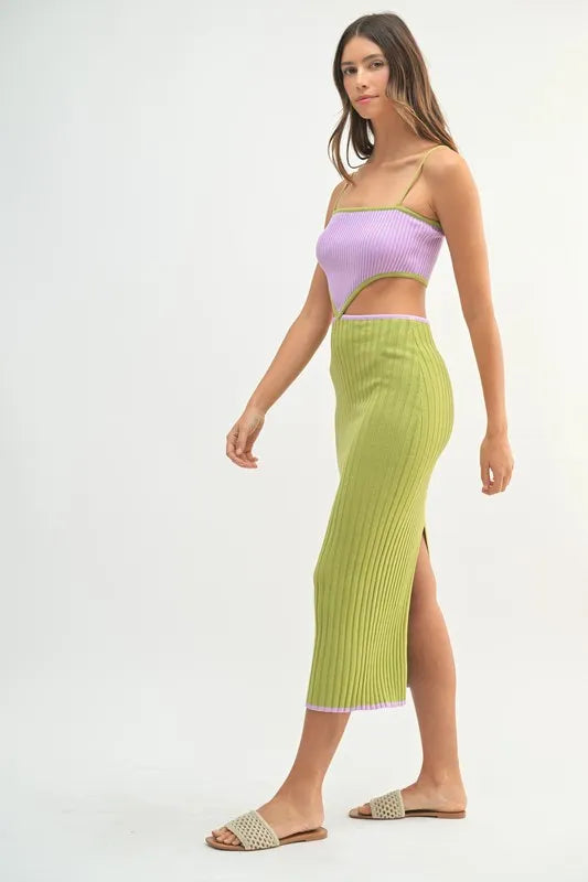MABLE Ribbed Knit Color Block Cutout Midi Dress by Selvanelle