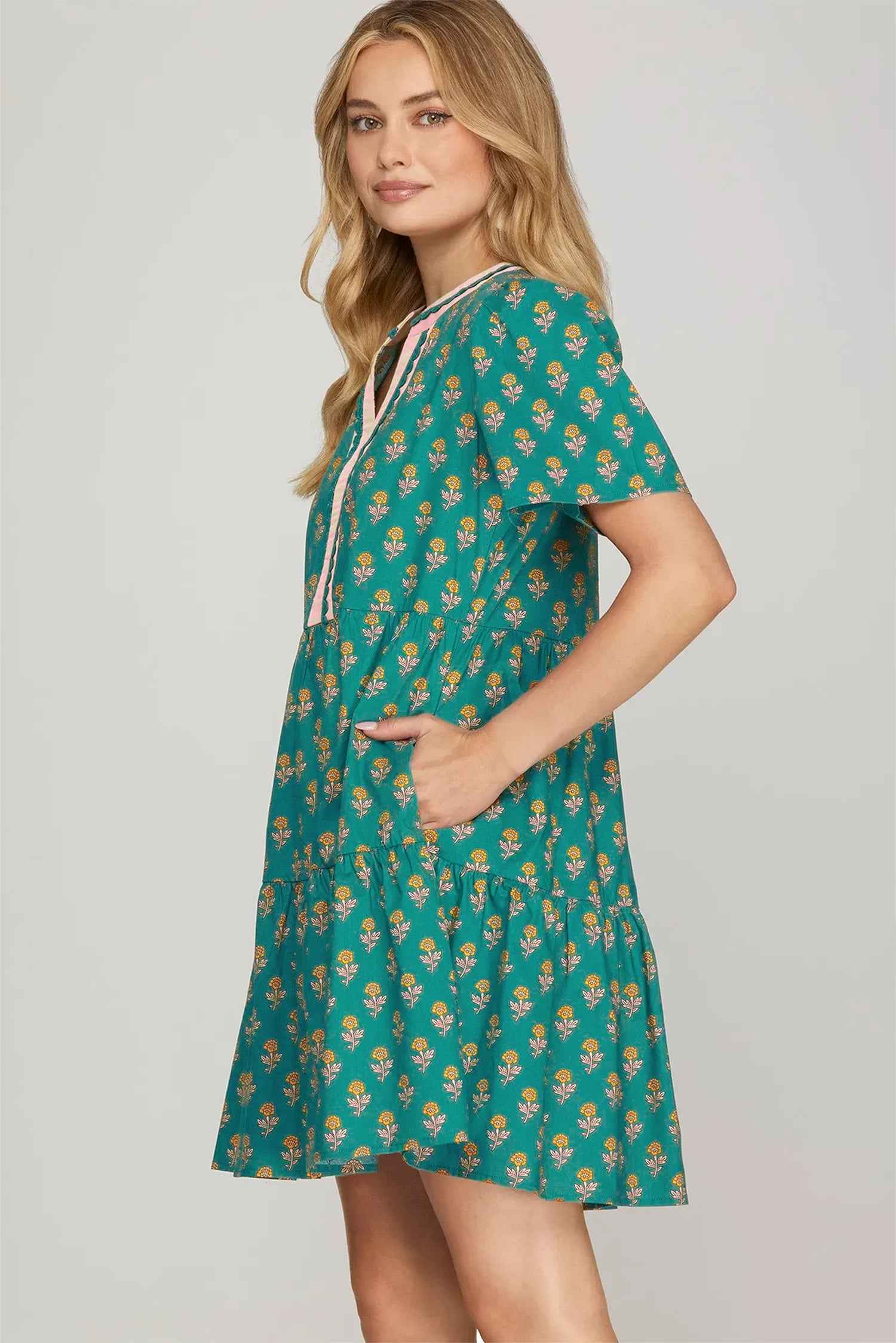 Green Contrast Trim V Neck Short Sleeve Floral Dress