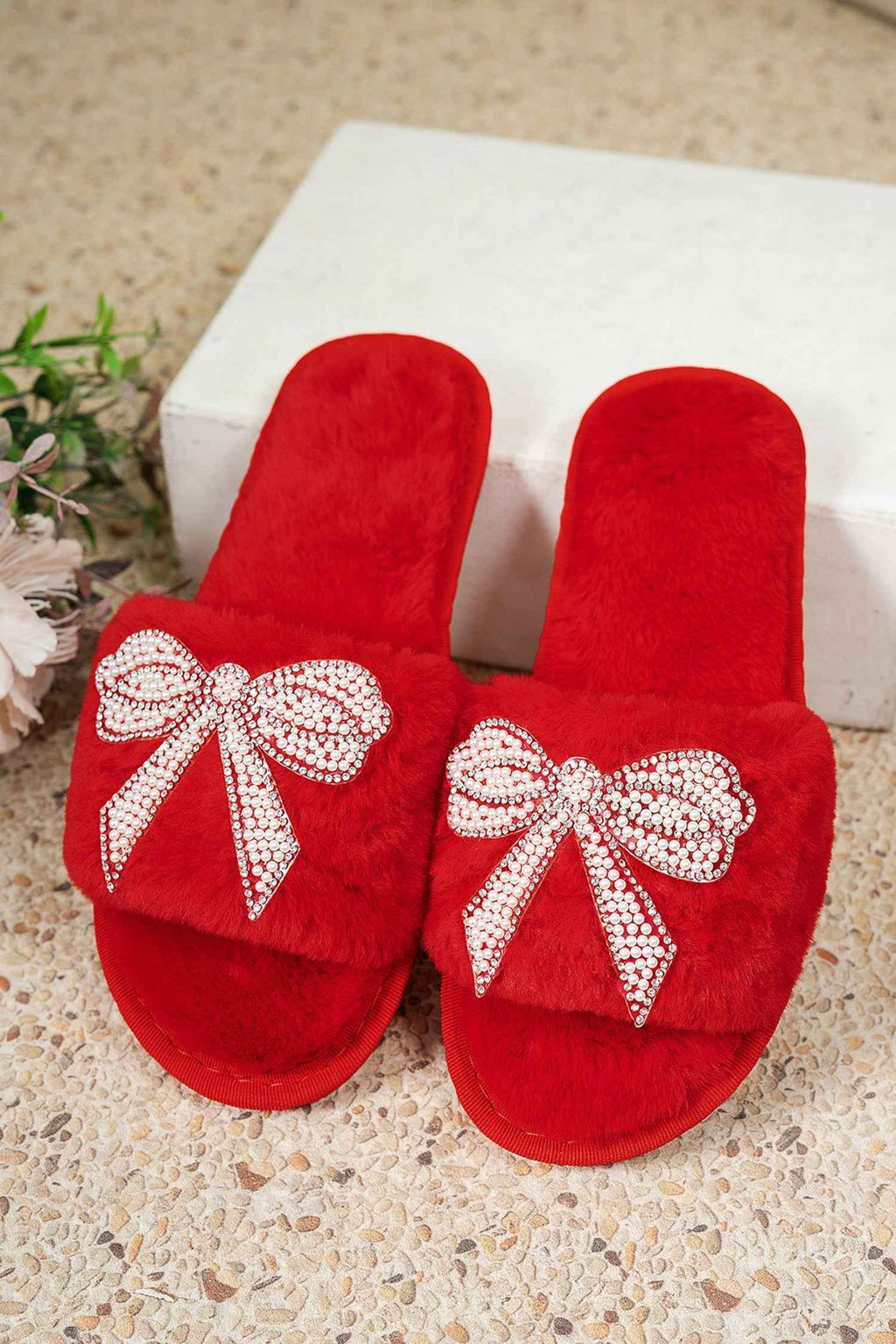 Fiery Red Pearl Rhinestone Embellished Bow Open Toe Plush Slippers