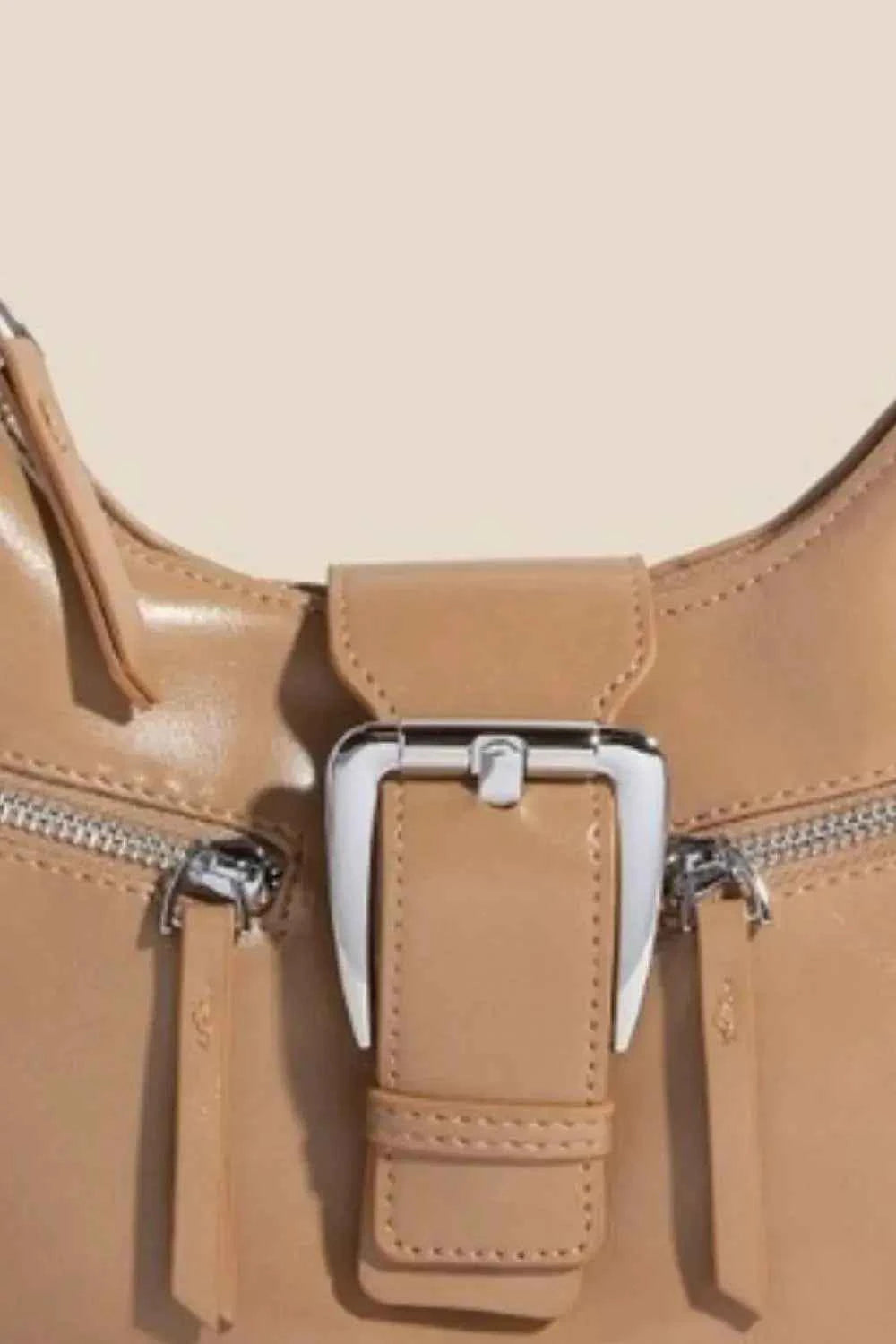 Fame Tan Large Buckle Triple Zipper Faux Leather Shoulder Handbag