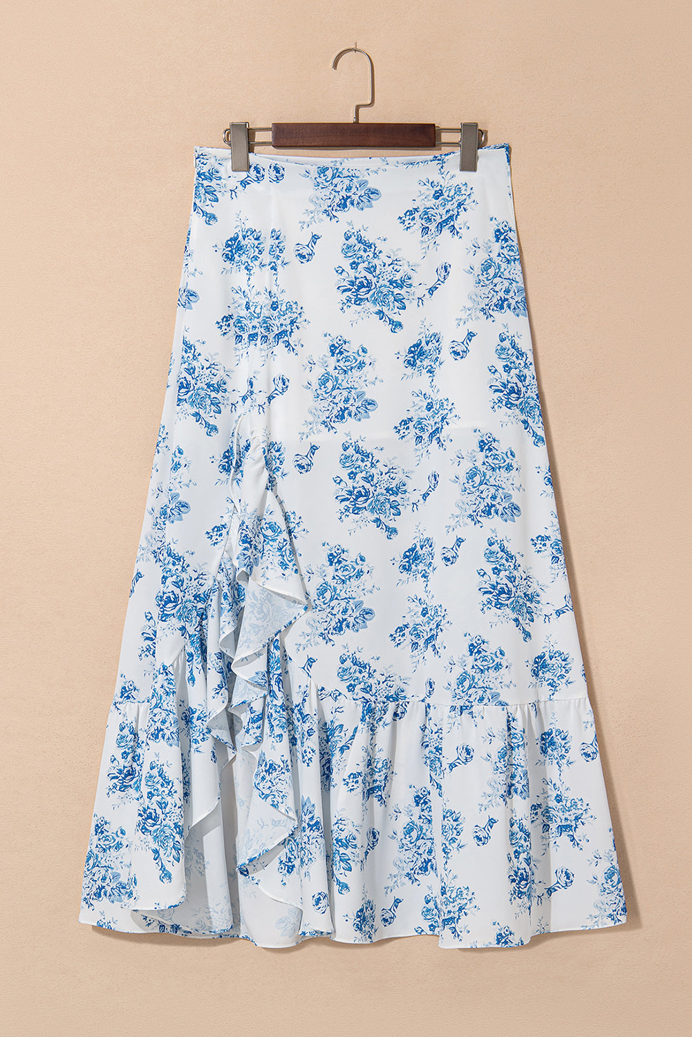 Black Boho Floral High Waist Ruffle Split Maxi Skirt