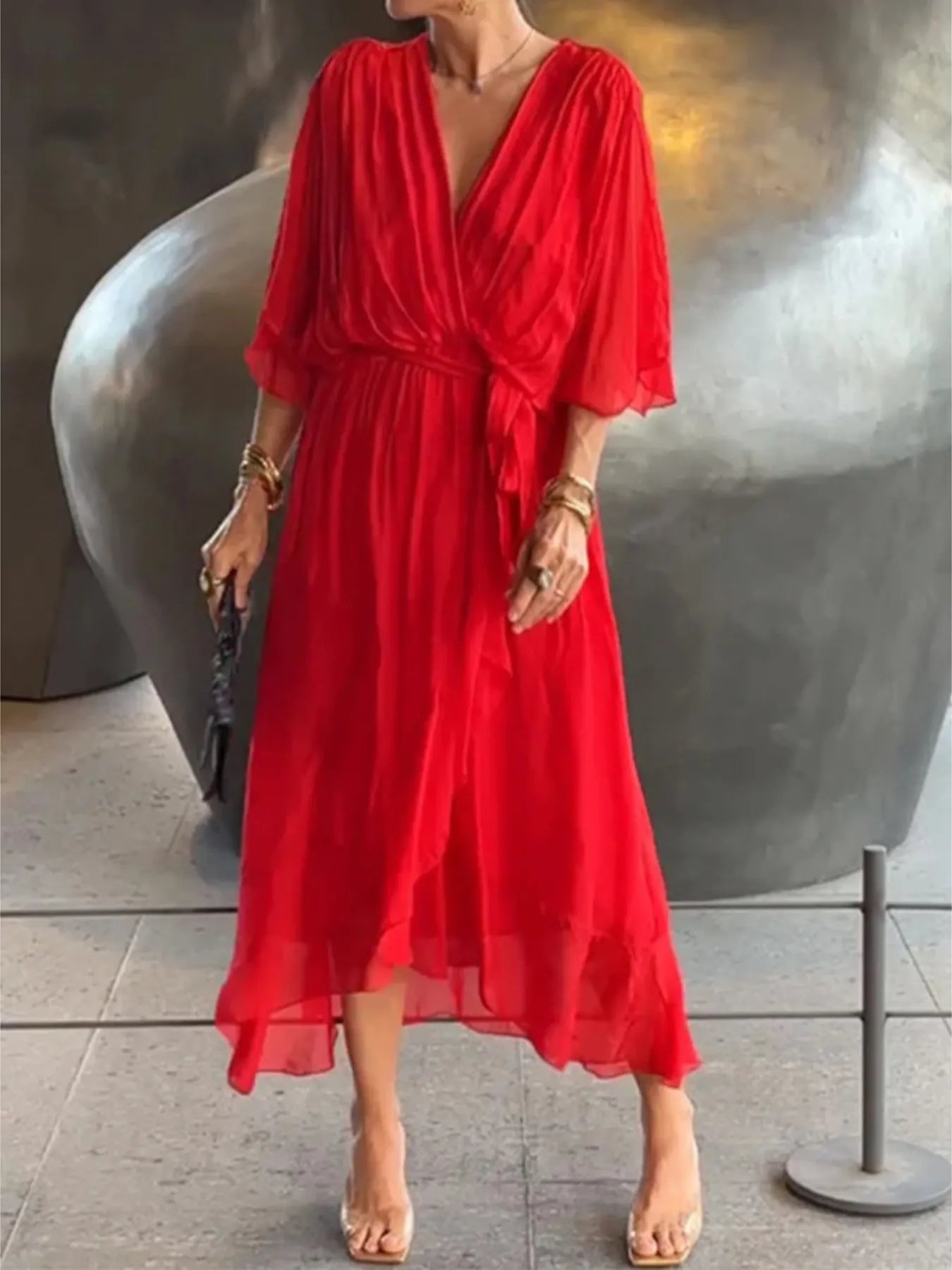 Flowy Tie Front Midi Dress with Flutter Sleeves by Shopiebay