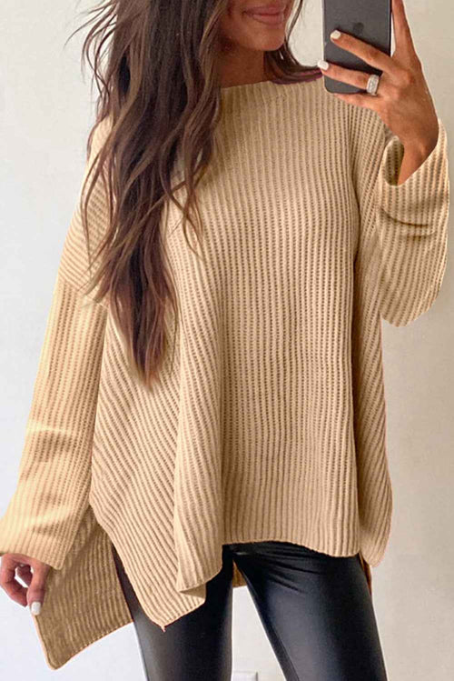 Apricot Cable Knit Drop Shoulder Side Slits Loose Sweater by Wild and Free Boutique