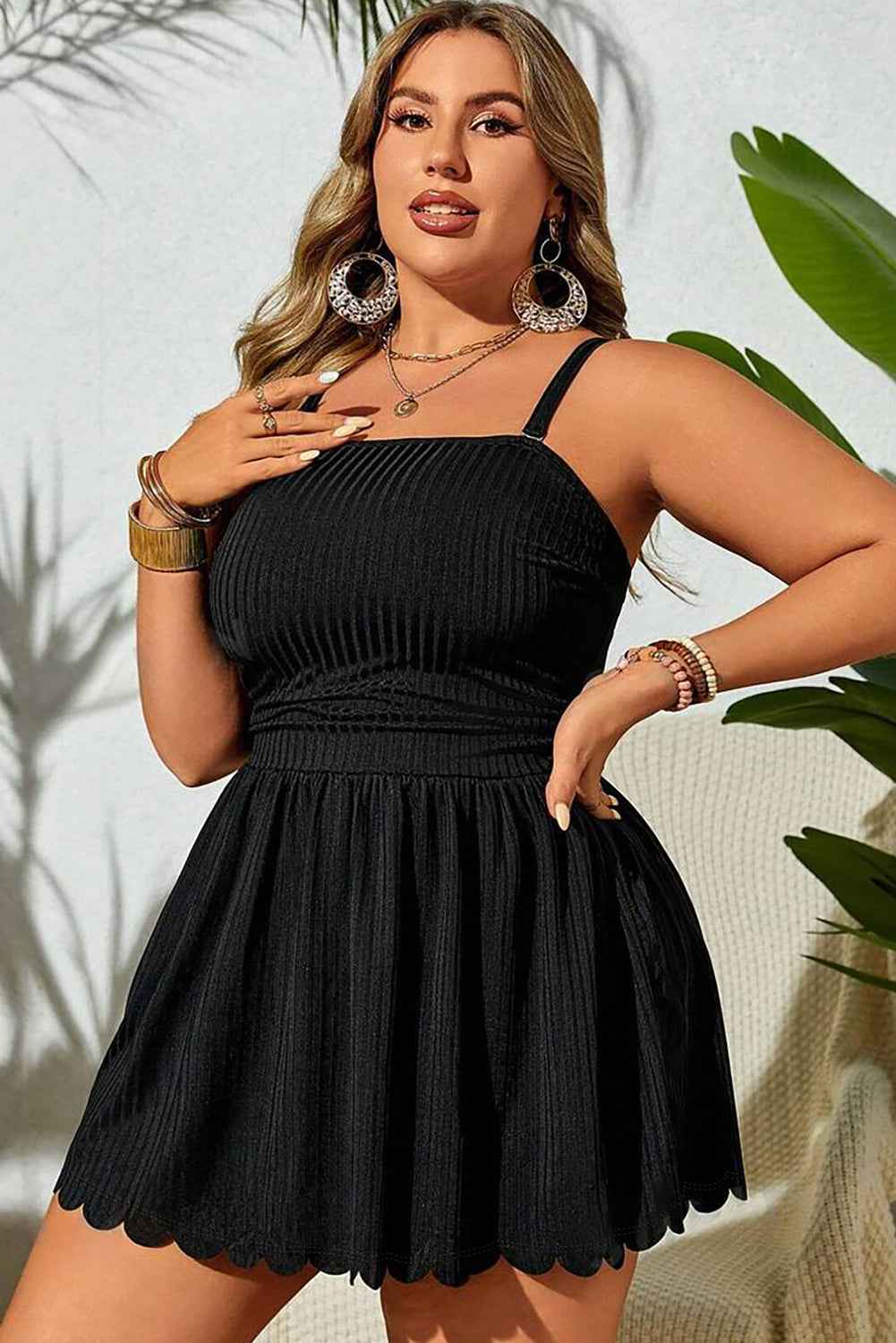 Black Plus Size Textured Scalloped Trim Swim Dress with Panty