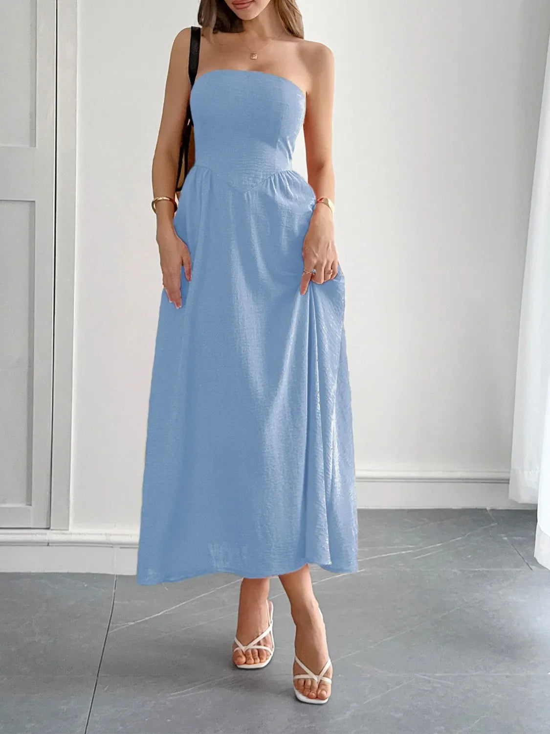 Strapless A-Line Midi Dress with Pockets by Shopiebay
