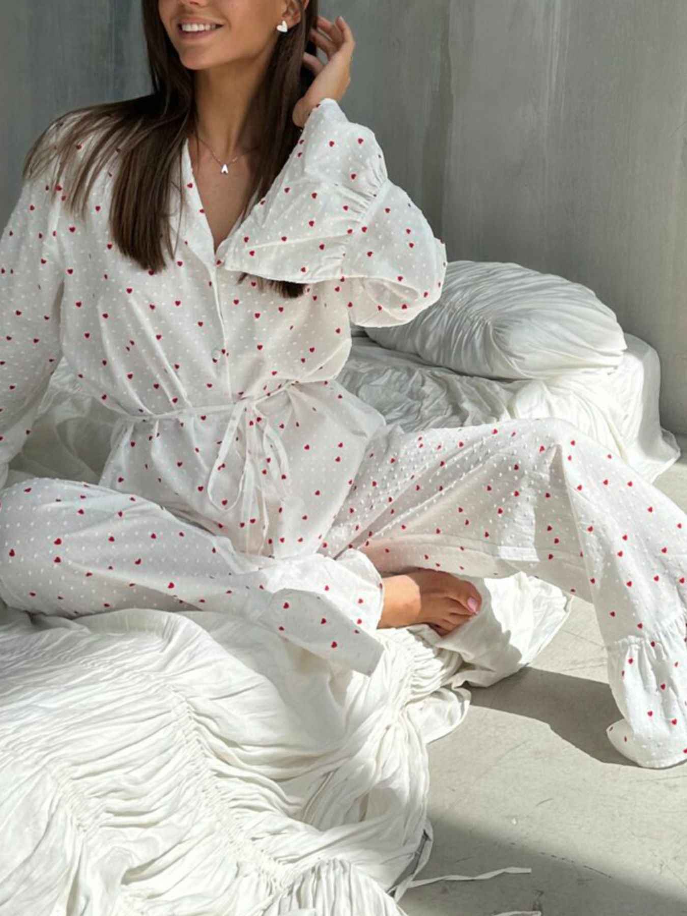 Heart Print Ruffle Trim Button-Up Cotton Lounge Set