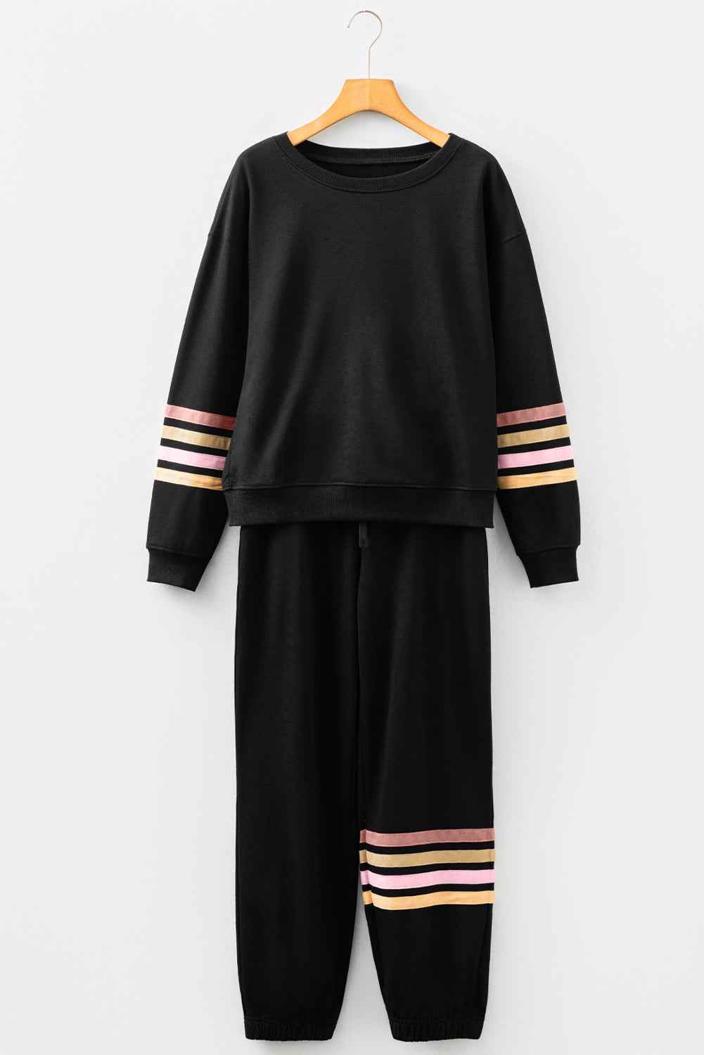 Black Striped Drop Shoulder Round Neck Pullover and Jogger Pants Active Outfit