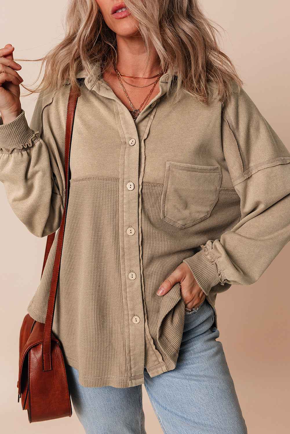 Goat Mineral Wash Textured Patchwork Loose Fit Shacket
