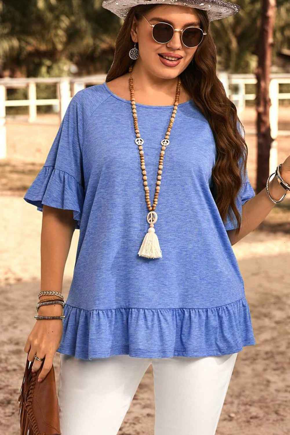 Dusk Blue Ruffle Hem Plus Size Flowy Blouse