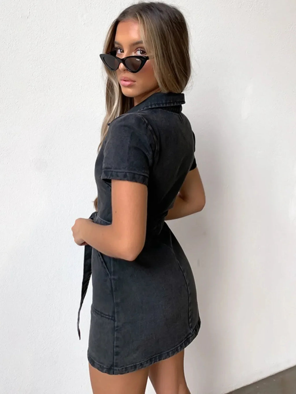 Full Size Zip Front Short Sleeve Denim Dress Plus Size by Selvanelle