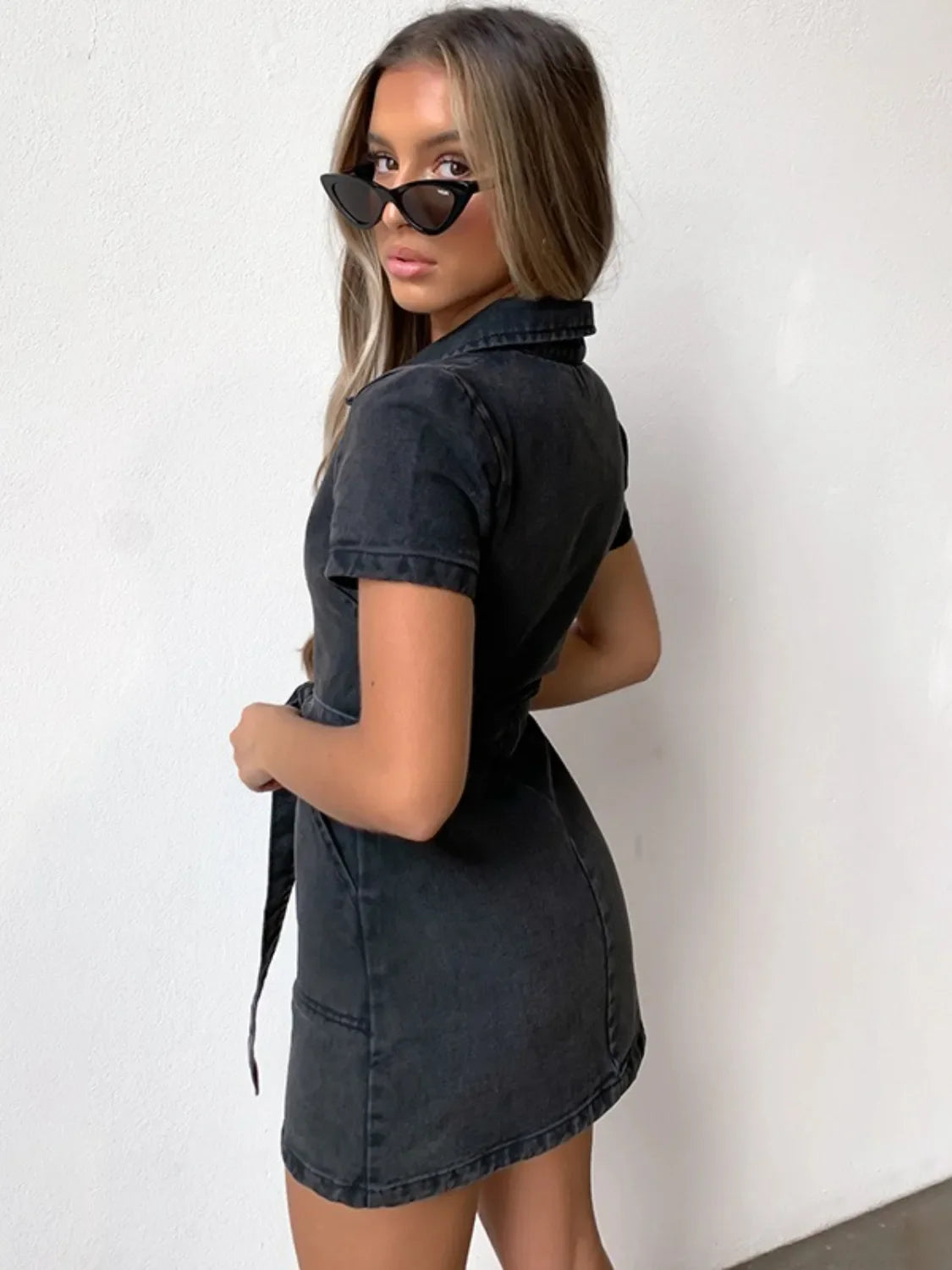 Full Size Zip Front Short Sleeve Denim Dress Plus Size by Selvanelle
