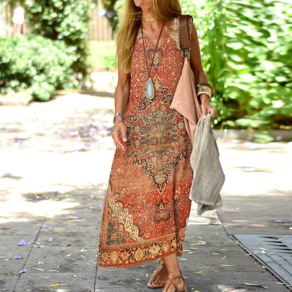 Elegant Floral Printed V-neck Sleeveless Dress
