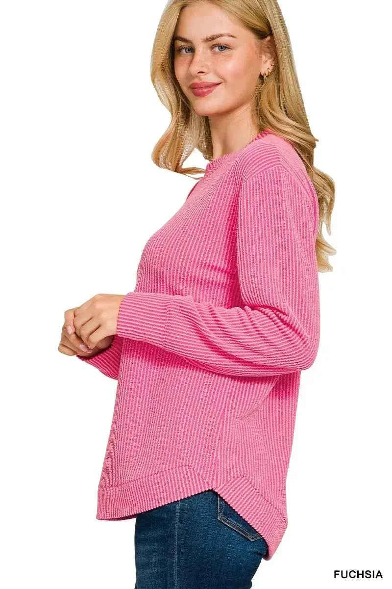 Zenana Plus Size Raised Rib Round Neck Long Sleeve Top