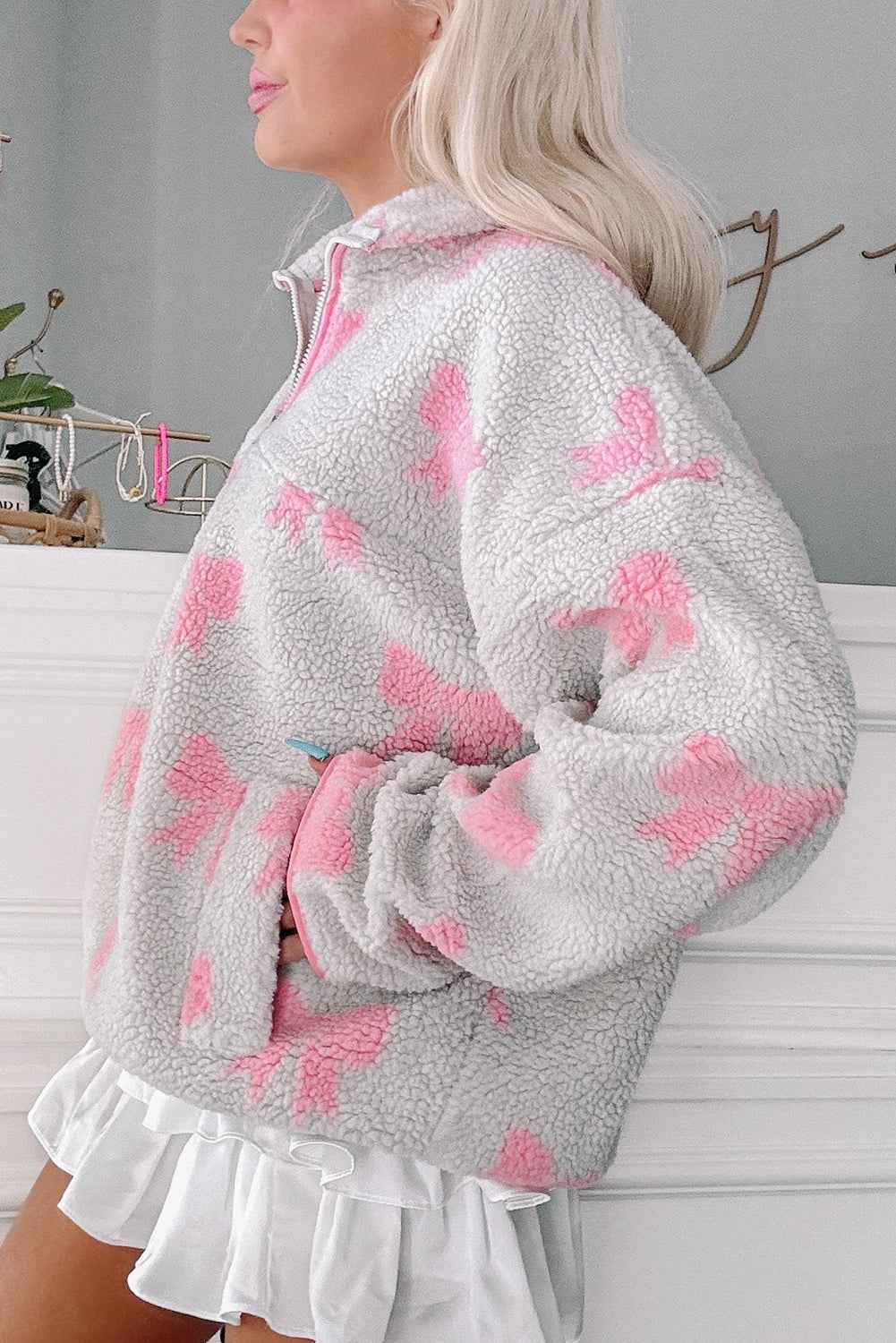 Gray Quarter Zip Bow Pattern Sherpa Baggy Sweatshirt