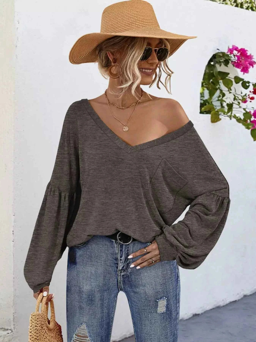 Oversized V Neck Long Sleeve Blouse
