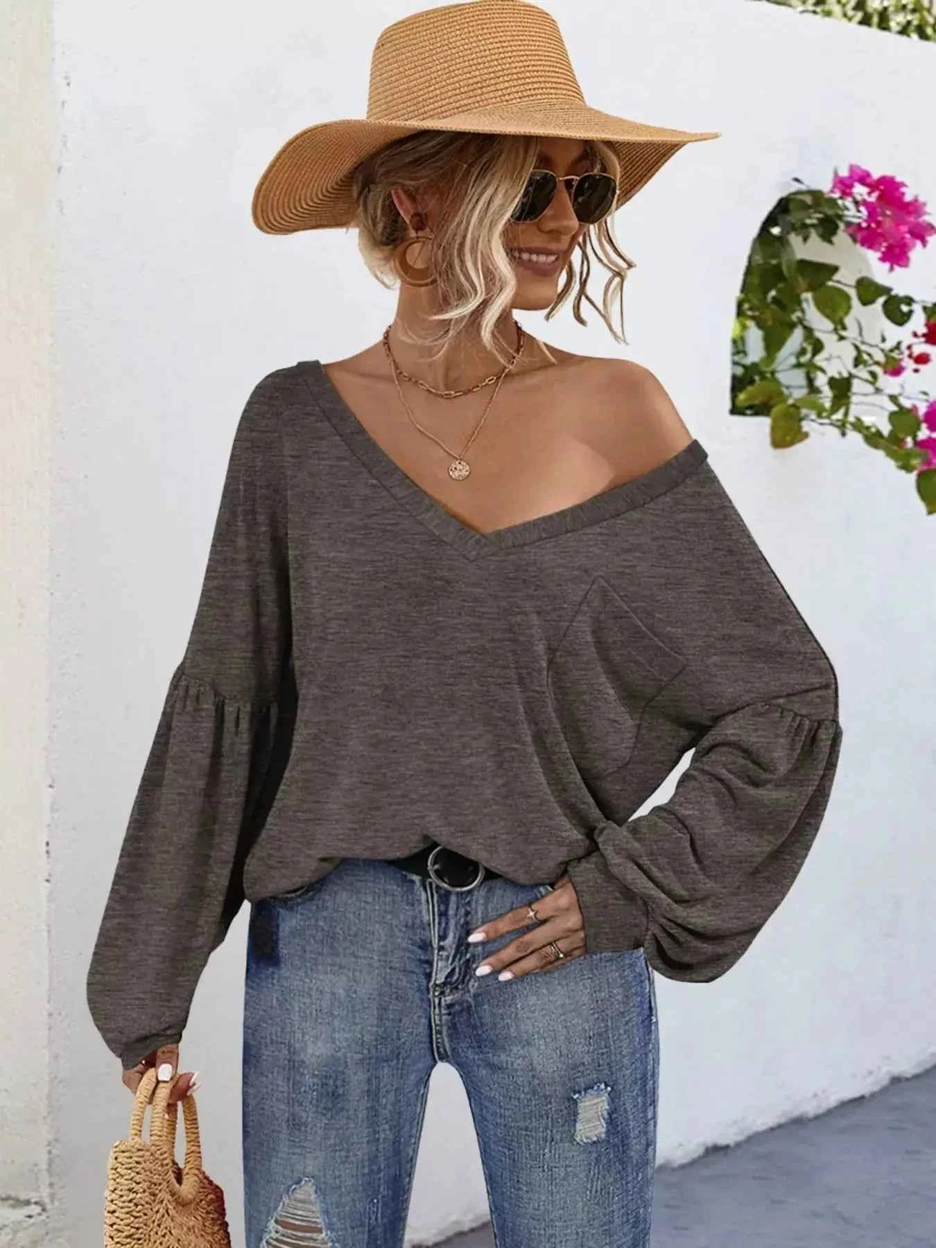 Oversized V Neck Long Sleeve Blouse