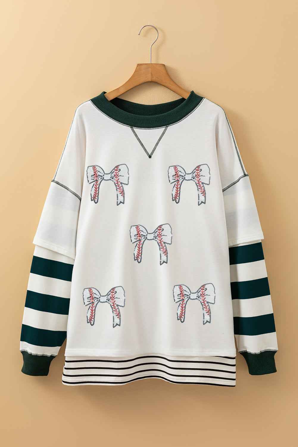 White Stripe Bowknot Patched Pattern Contrast Stitching Pullover Trendy Sweatshirt