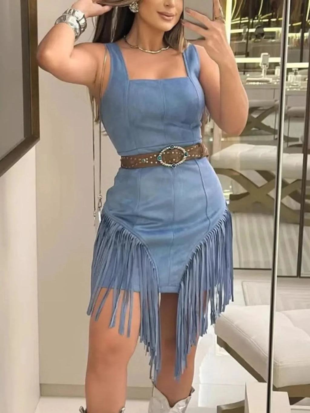 Fringe Square Neck Bodycon Mini Dress by Shopiebay