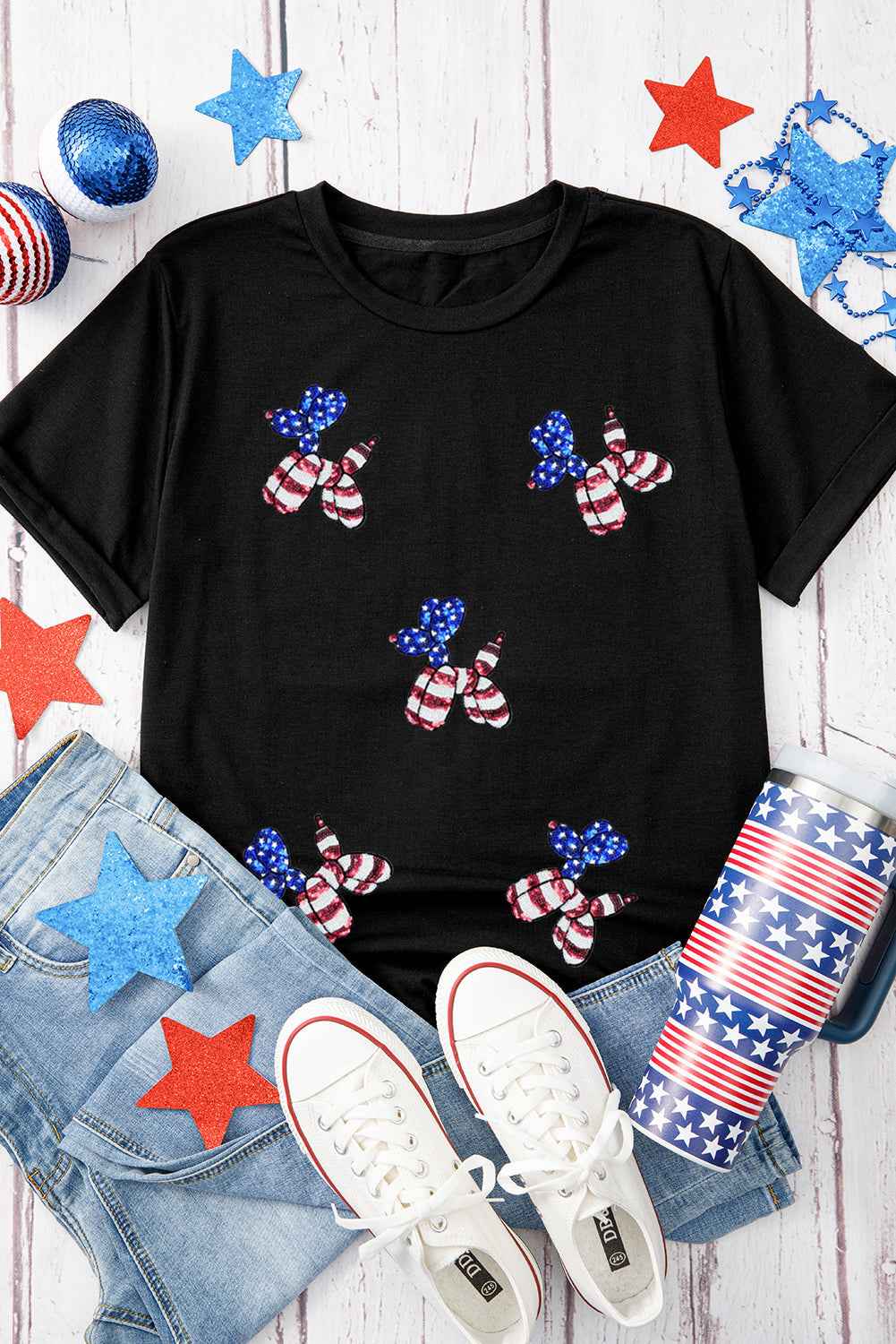 Black Patriotic Sequin Balloon Puppy Graphic Crewneck Tee