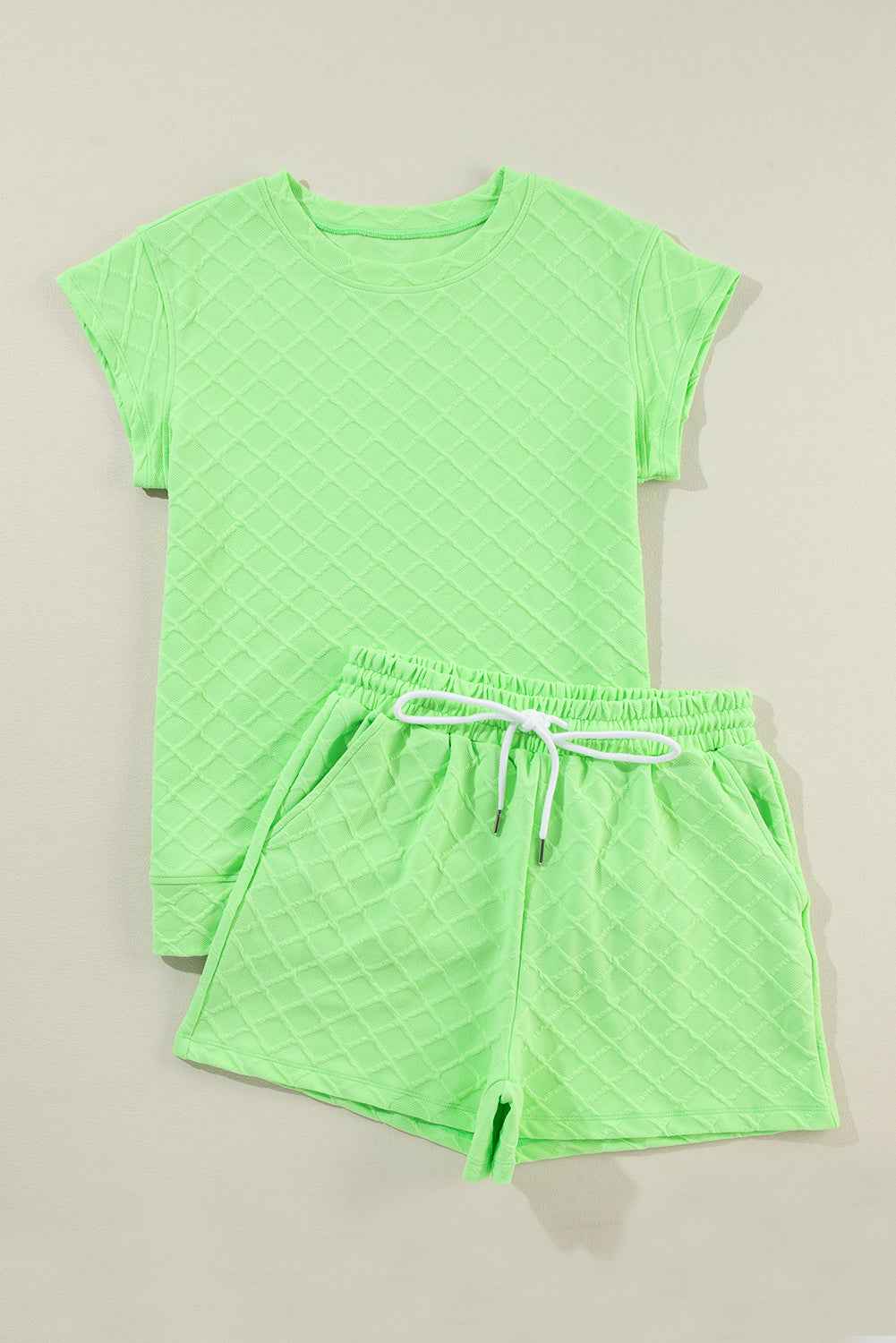 Light Green Checkered Textured Tee and Drawstring Shorts