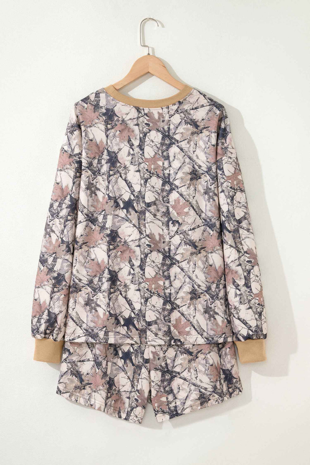 Khaki Woodland Camo Print Long Sleeve Top Casual Short Set