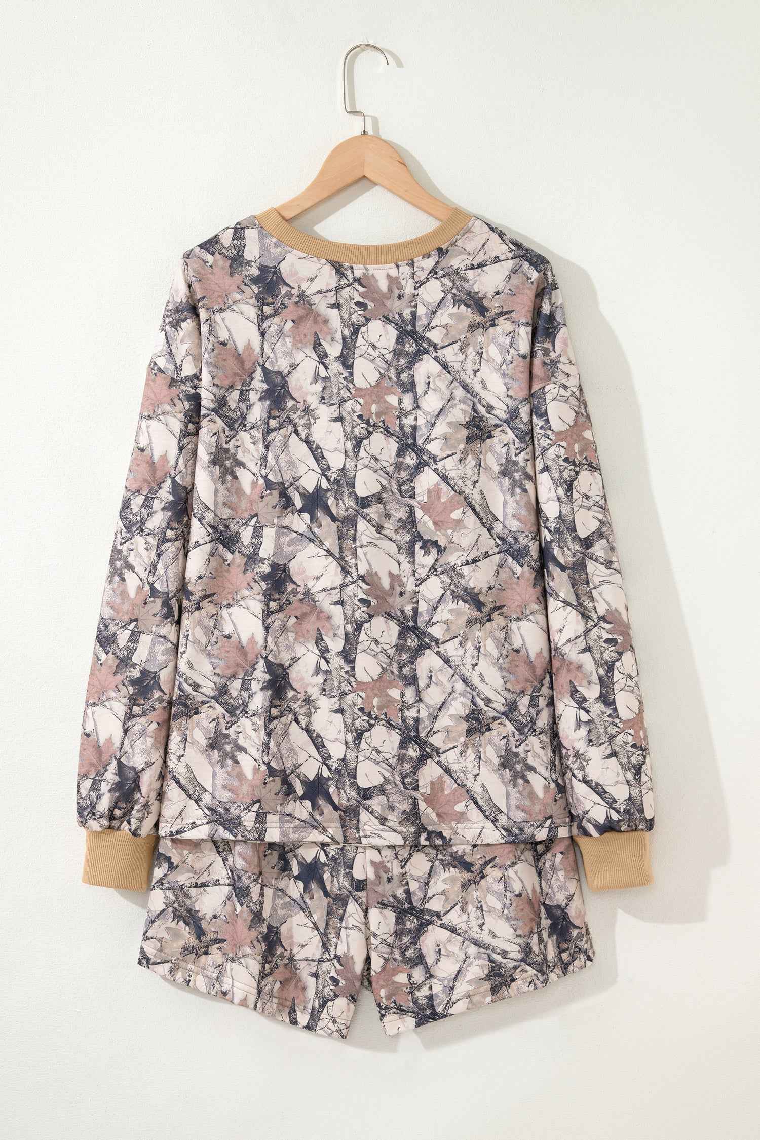 Khaki Woodland Camo Print Long Sleeve Top Casual Short Set