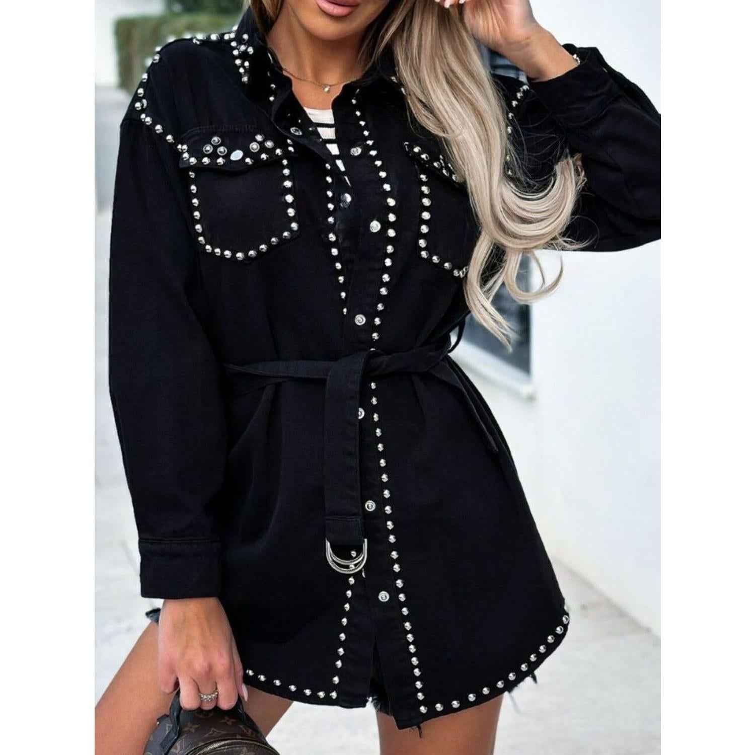 Studded Snap Down Long Sleeve Denim Shacket Womenswear Coats
