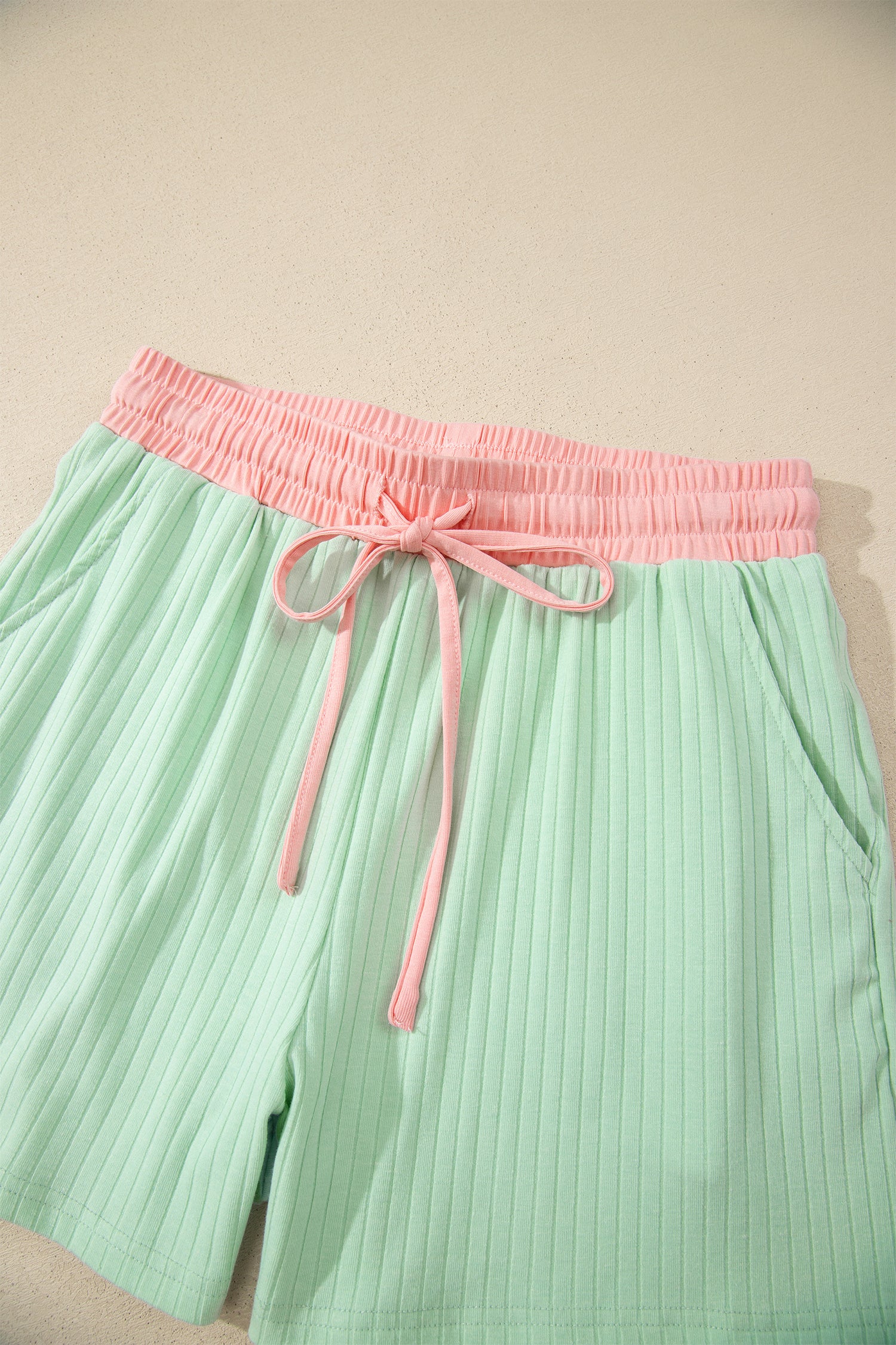 Clearly Aqua Soft Ribbed Color Block Trim Casual Short Set by Dear-Lover Dropshipping