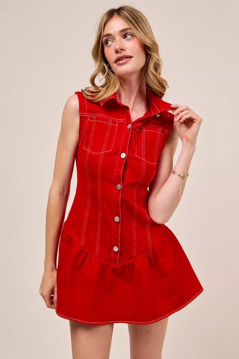 SO ME Button Down Sleeveless Collared Game Day Mini Dress by Selvanelle