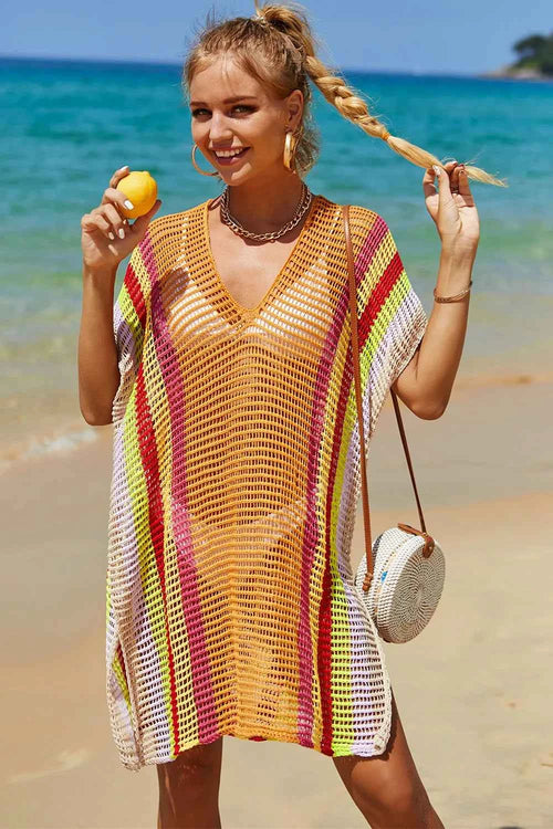 Angel Wings Openwork Striped Slit Knit Cover Up by Wild and Free Boutique