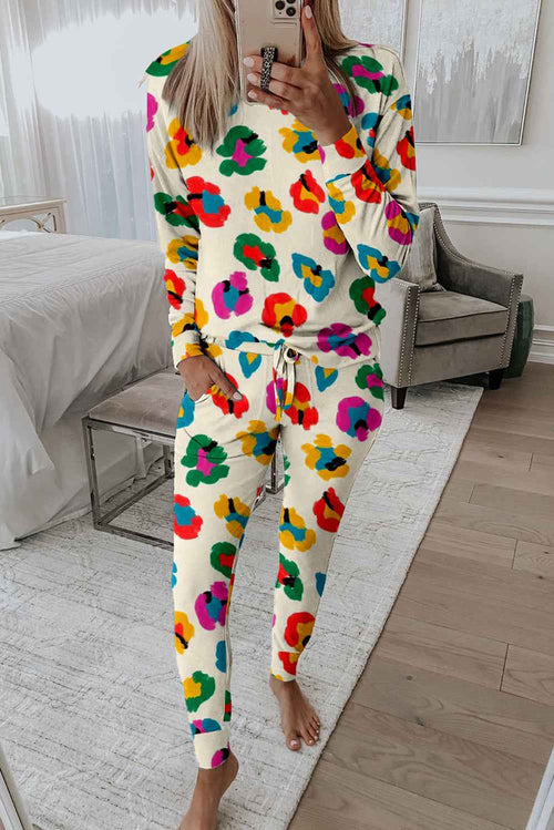 Apricot Leopard Print Long Sleeve Top and Skinny Pants Lounge Set by Wild and Free Boutique