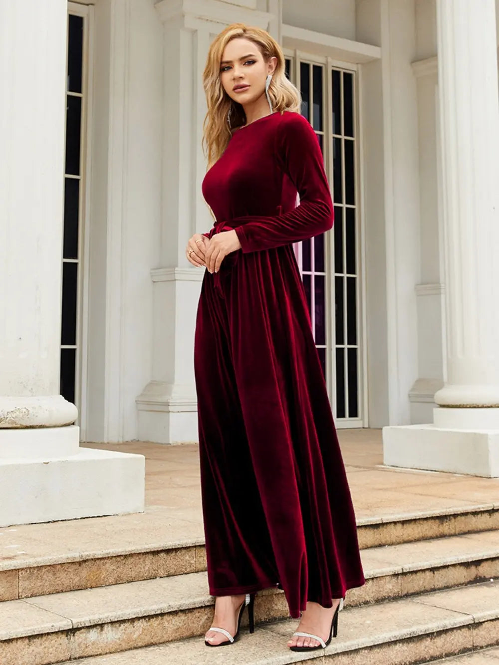 Tie Front Round Neck Long Sleeve Maxi Dress by Shopiebay