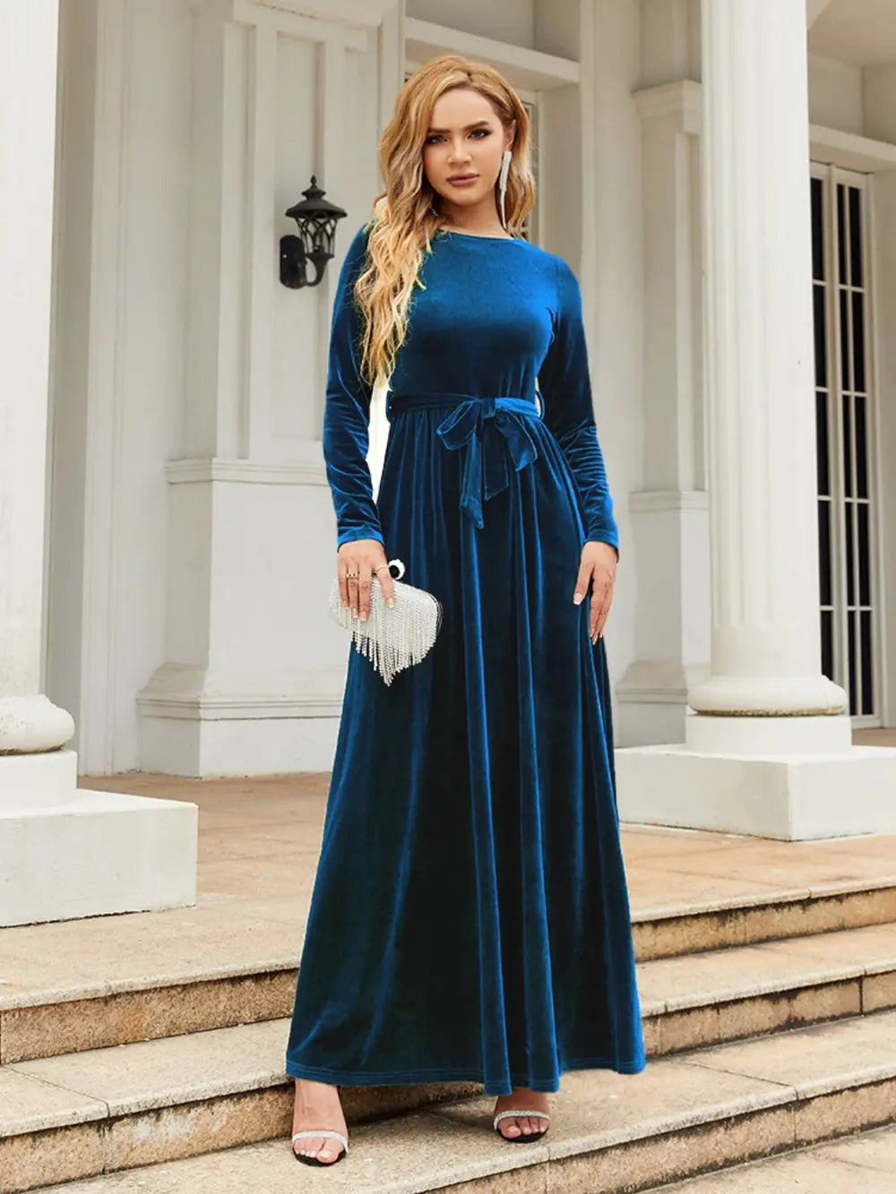 Tie Front Round Neck Long Sleeve Maxi Dress by Shopiebay