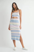 MABLE Multi Color Striped Front Cutout Knit Midi Dress by Selvanelle
