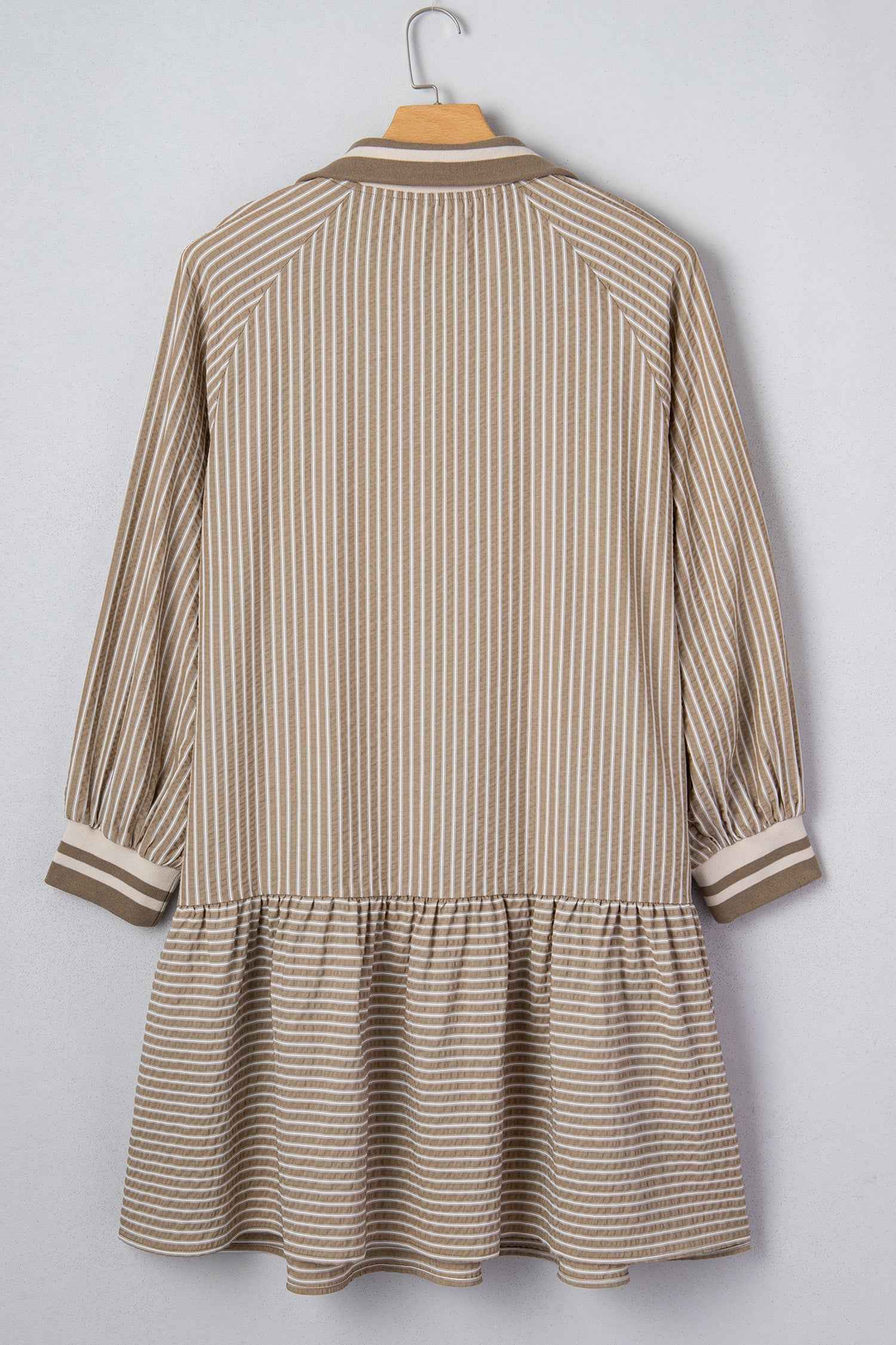 Khaki Stripe Zip up Collared Puff Sleeve Ruffled Plus Size Mini Dress