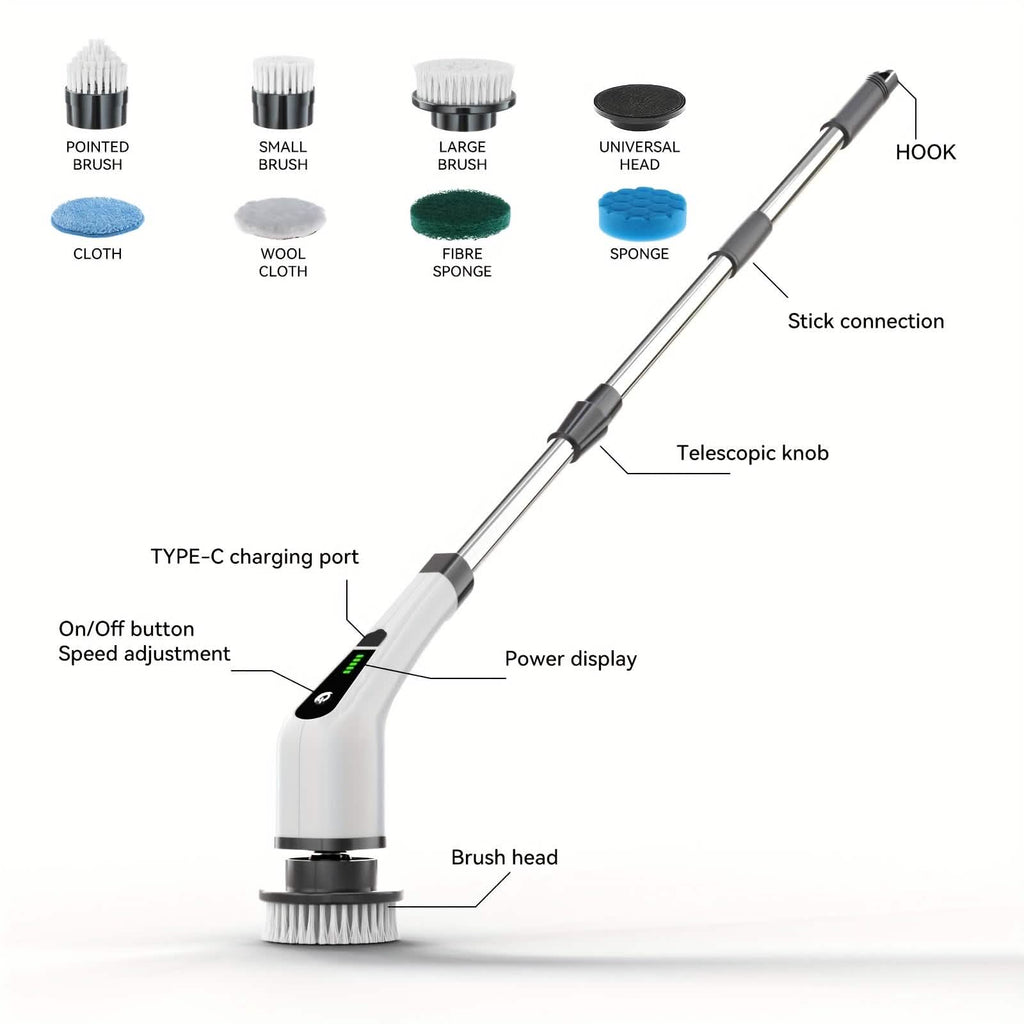 Electric Rotary Scrubber with Replaceable 8 Brush Heads and Adjustable Extension Handle by DailySale