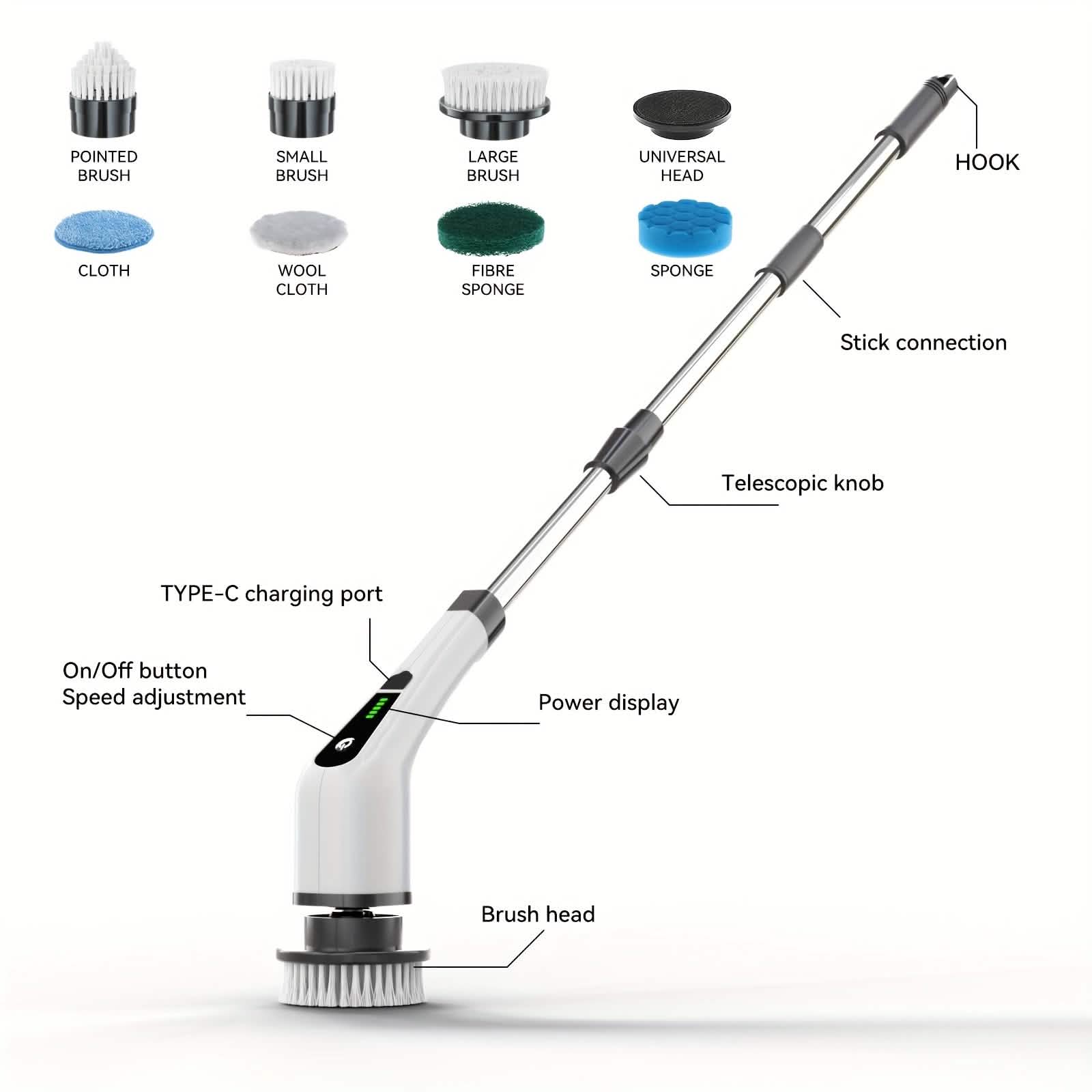Electric Rotary Scrubber with Replaceable 8 Brush Heads and Adjustable Extension Handle by DailySale
